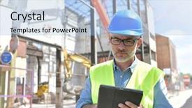  Presentation with building construction water supply - Slide set featuring construction supervisor inspecting building site background and a light blue colored foreground