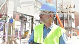  Presentation with building construction water supply - Colorful presentation design enhanced with construction supervisor inspecting building site backdrop and a sky blue colored foreground