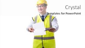  Presentation with white sheet - Colorful theme enhanced with construction supervisor with blank sheet isolated on white backg backdrop and a white colored foreground