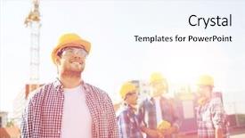  Presentation with business building blocks - Presentation theme featuring construction team - business building teamwork and people background and a sky blue colored foreground