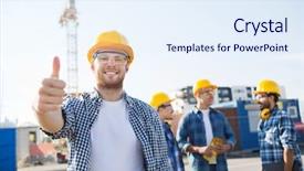  Presentation with business building blocks - PPT layouts featuring construction team - business building teamwork gesture background and a sky blue colored foreground