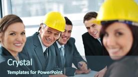  Presentation with people talking - Colorful slide deck enhanced with construction team - business people in conference room backdrop and a ocean colored foreground