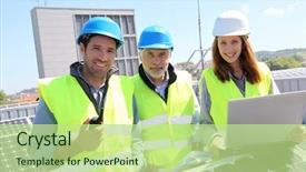  Presentation with building team - Presentation enhanced with construction team technology - group of engineers meeting background and a mint green colored foreground