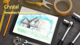  Presentation with build - Colorful slides enhanced with construction tools and house plan backdrop and a tawny brown colored foreground