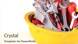  Presentation with construction tools - Presentation having construction tools in helmet isolated on white background and a yellow colored foreground