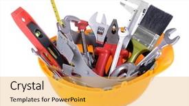 Presentation with construction tools - Cool new slides with construction tools in helmet isolated backdrop and a  colored foreground