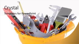  Presentation with set of construction tools tool - Presentation design with construction tools in helmet isolated background and a white colored foreground