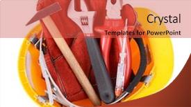  Presentation with construction tools - PPT theme with construction tools in helmet isolated on white background and a red colored foreground