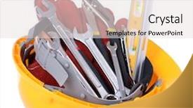  Presentation with construction tools - Presentation design enhanced with construction tools in helmet isolated on white background and a light gray colored foreground
