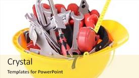  Presentation with construction tools - Slide deck enhanced with construction tools in helmet isolated on white background and a yellow colored foreground