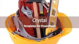  Presentation with set of construction tools tool - Slide set consisting of construction tools in helmet isolated background and a tawny brown colored foreground