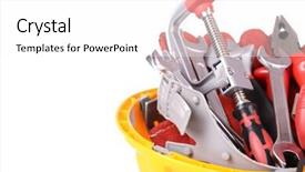  Presentation with construction tools - Cool new slide set with construction tools in helmet isolated on white backdrop and a white colored foreground