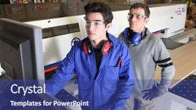  Presentation with apprentice retail - Beautiful theme featuring construction training - carpenter and apprentice in workshop backdrop and a ocean colored foreground