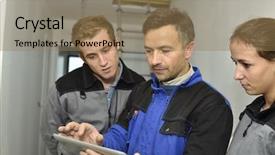  Presentation with electrician - Presentation theme with construction training - electrician explaining trainees building electric background and a coral colored foreground