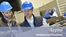  Presentation with mechanical - Audience pleasing presentation design consisting of construction training - engineer with mechanical worker checking backdrop and a light blue colored foreground