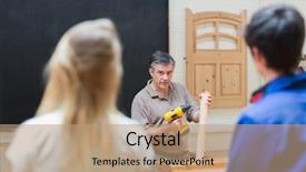  Presentation with med student in class - Beautiful PPT theme featuring construction training - two students of a woodwork backdrop and a coral colored foreground