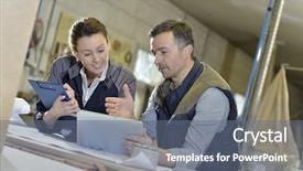  Presentation with workshop - PPT theme consisting of construction training - woman with instructor in carpentry background and a  colored foreground