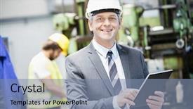  Presentation with using digital tablet - Audience pleasing slide set consisting of construction training development - portrait of confident mature businessman backdrop and a seafoam green colored foreground