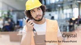  Presentation with walkie talkie - Amazing theme having construction training development - young manual worker listening backdrop and a  colored foreground