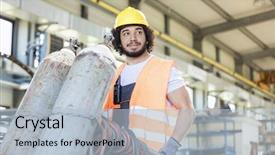  Presentation with gas - PPT layouts having construction training development - young manual worker moving gas background and a  colored foreground