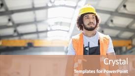  Presentation with worker - Theme featuring construction training development - young manual worker wearing protective background and a  colored foreground