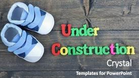  Presentation with under construction - Cool new slides with construction word on wooden table backdrop and a dark gray colored foreground
