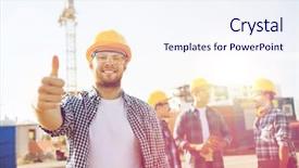  Presentation with building construction - Amazing PPT layouts having construction worker - business building teamwork gesture backdrop and a sky blue colored foreground