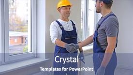  Presentation with shaking hands - Cool new slide deck with construction worker and his trainee backdrop and a ocean colored foreground