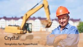  Presentation with excavator - Slide deck featuring construction worker driver in front background and a coral colored foreground