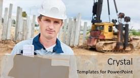  Presentation with foreman - PPT layouts having construction worker foreman in front of pile driver machine background and a mint green colored foreground