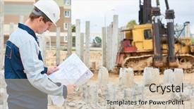  Presentation with foreman - Cool new presentation theme with construction worker foreman in front of pile driver machine backdrop and a soft green colored foreground