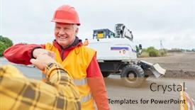  Presentation with construction site construction - Beautiful presentation theme featuring construction-worker-greets-colleagues backdrop and a yellow colored foreground