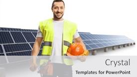 Presentation with solar farm - Theme consisting of construction-worker-holding-a-helmet background and a light gray colored foreground