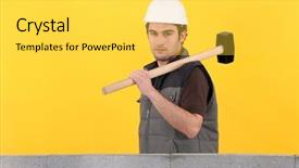  Presentation with mallet - Presentation design consisting of construction worker holding a mallet background and a yellow colored foreground