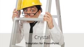  Presentation with funny construction - Presentation featuring construction worker in funny concept on white background and a light gray colored foreground