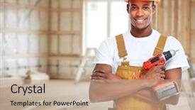  Presentation with renovation - Beautiful PPT theme featuring construction worker in new house backdrop and a coral colored foreground