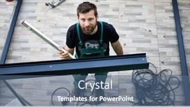  Presentation with roof - Presentation theme consisting of construction-worker-installing-terrace-roof background and a ocean colored foreground