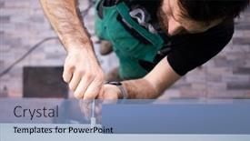  Presentation with roof - Slide set with construction-worker-installing-terrace-roof background and a light blue colored foreground