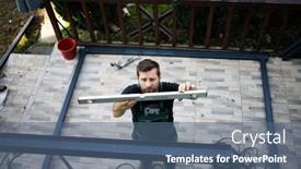  Presentation with roof - Presentation theme featuring construction-worker-installing-terrace-roof background and a ocean colored foreground