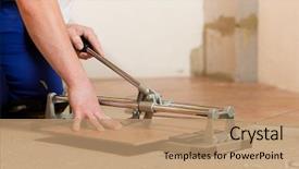  Presentation with tiles - PPT theme featuring construction worker is cutting tiles at home background and a coral colored foreground