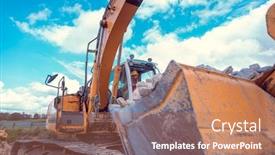  Presentation with site planning - Presentation design having construction worker on excavator planning the work to be done on the site background and a coral colored foreground