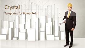  Presentation with buildings - PPT layouts featuring construction worker planing with 3d background and a sky blue colored foreground