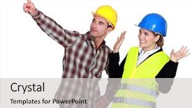  Presentation with involvement - Slide set with construction worker pointing background and a light gray colored foreground