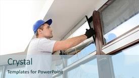  Presentation with glass construction - Cool new slides with construction worker repairing window backdrop and a  colored foreground