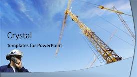  Presentation with building construction - Cool new slide deck with construction worker talking to crane backdrop and a light blue colored foreground
