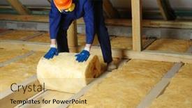  Presentation with glass construction - PPT layouts having construction-worker-thermally-insulating-house background and a yellow colored foreground