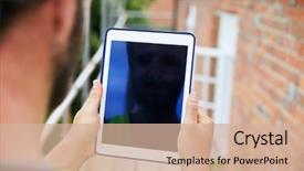  Presentation with using digital tablet - PPT theme featuring construction worker using digital tablet background and a coral colored foreground
