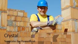 Presentation with steel construction - Presentation having construction worker wearing yellow t-shirt and blue helmet holding stainless steel trowel resting on brick wall background and a coral colored foreground