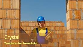  Presentation with steel construction - Beautiful presentation featuring construction worker wearing yellow t-shirt and blue helmet holding stainless steel trowel and brick posing in brick wall window opening backdrop and a red colored foreground
