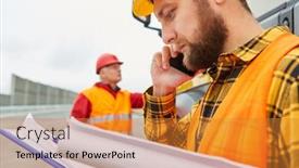  Presentation with construction documents - Cool new presentation design with construction-worker-with-documents backdrop and a gold colored foreground